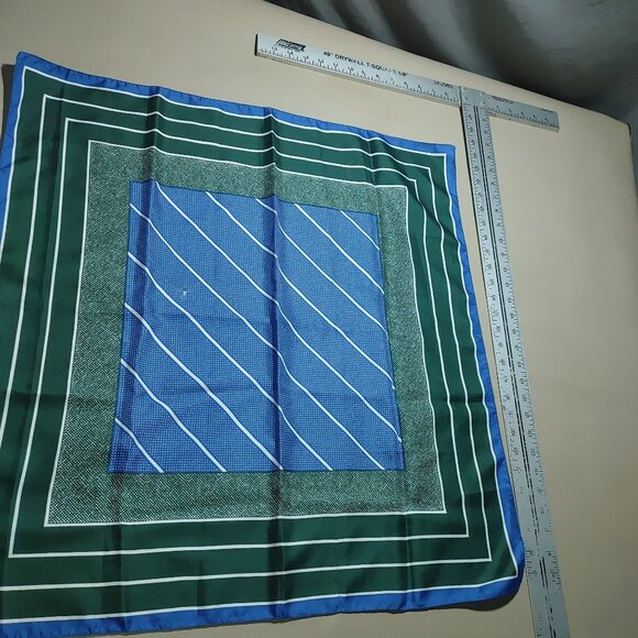 Silk Scarf Handkerchief Vintage Green Blue Striped Polka Dot - Picture 12 of 12